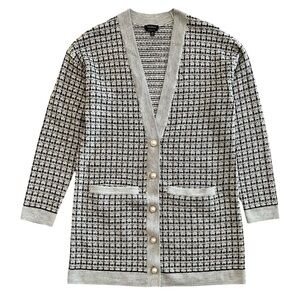 Merino Wool Cardigan by Talbots in Black, White and Grey Mini Plaid